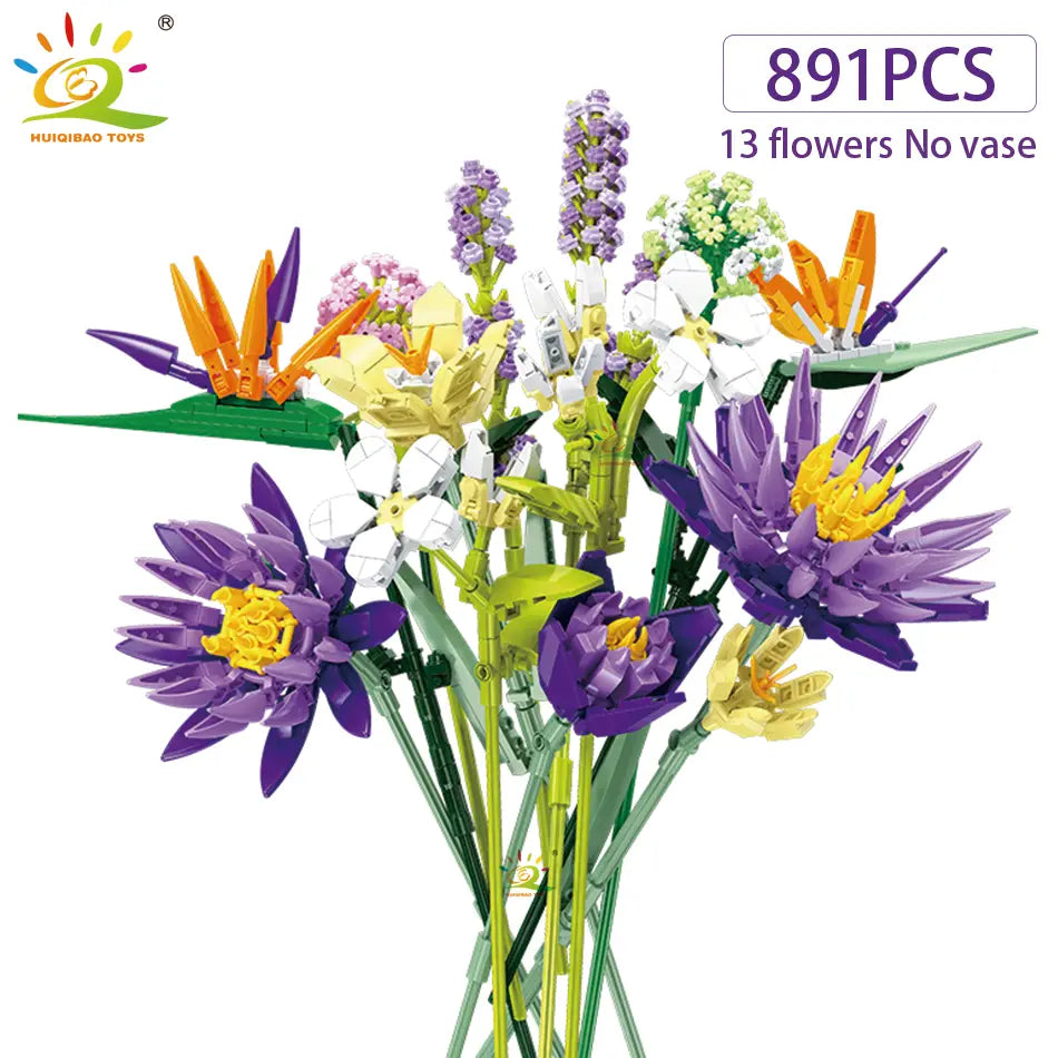 Un bouquet coloré de 13 fleurs Lego finement conçues dans différentes teintes de violet, jaune, blanc et orange, issu de l’Ensemble de bouquet de fleurs en briques, pour les amateurs de blocs.