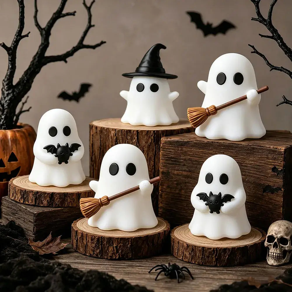 Leuchtende Halloween-Geister-Desktop-Dekorationsfiguren mit weißen Geisterformen, schwarzen Augen und Accessoires wie Hexenhüten und Besen.
