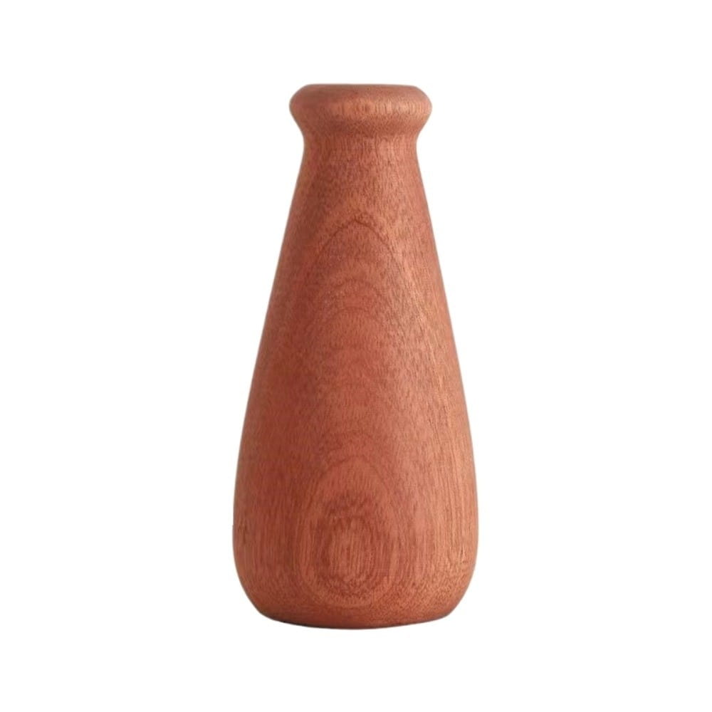 A smooth reddish-brown wooden flower vase with visible natural wood grain and a minimalist tapered shape for tabletop decor.