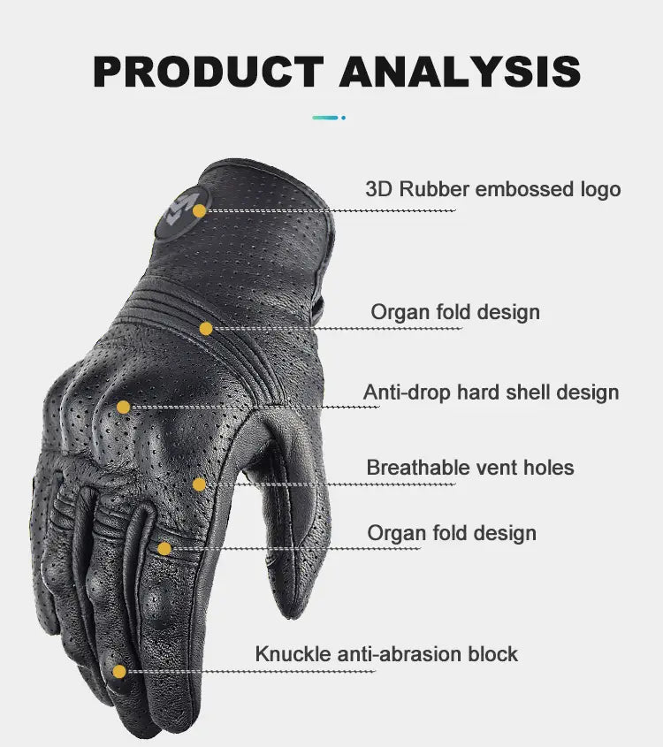 Gant de moto pour homme en cuir noir avec des trous d’aération perforés respirants et un logo en caoutchouc embossé 3D au dos, présenté côté arrière.