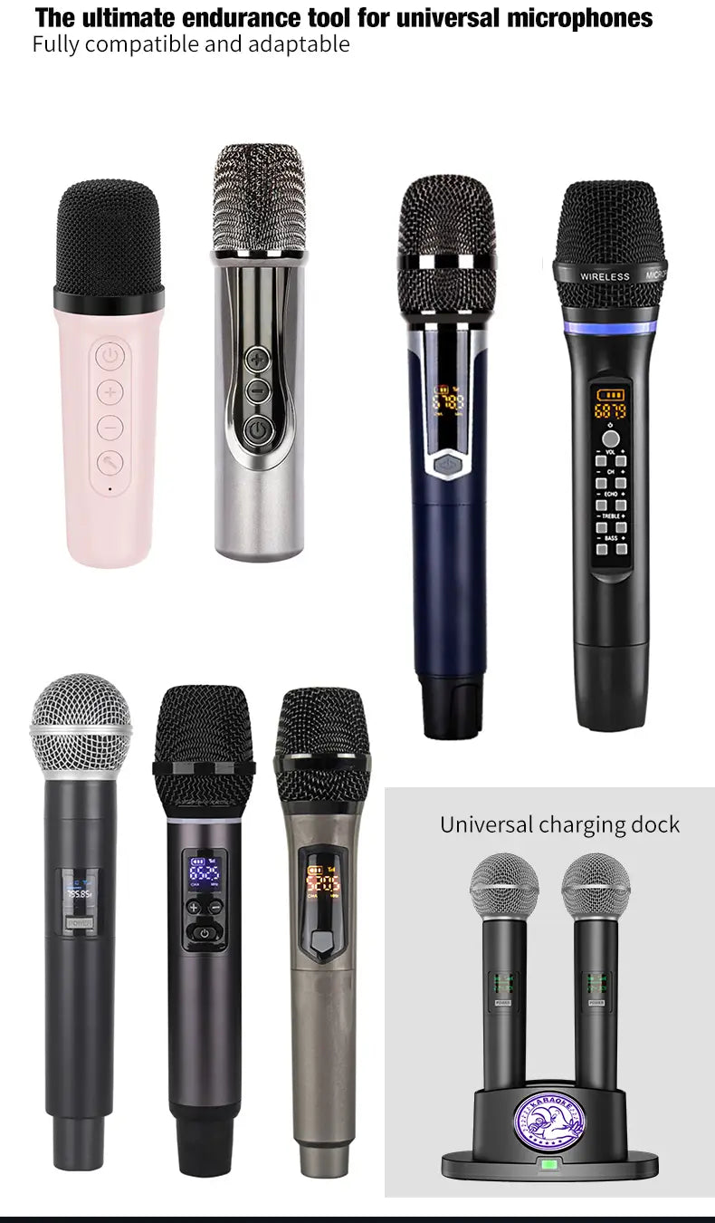 Ensemble de microphones de karaoké sans fil en rose, argent, bleu et noir, avec grilles en maille, écrans numériques et station de charge double