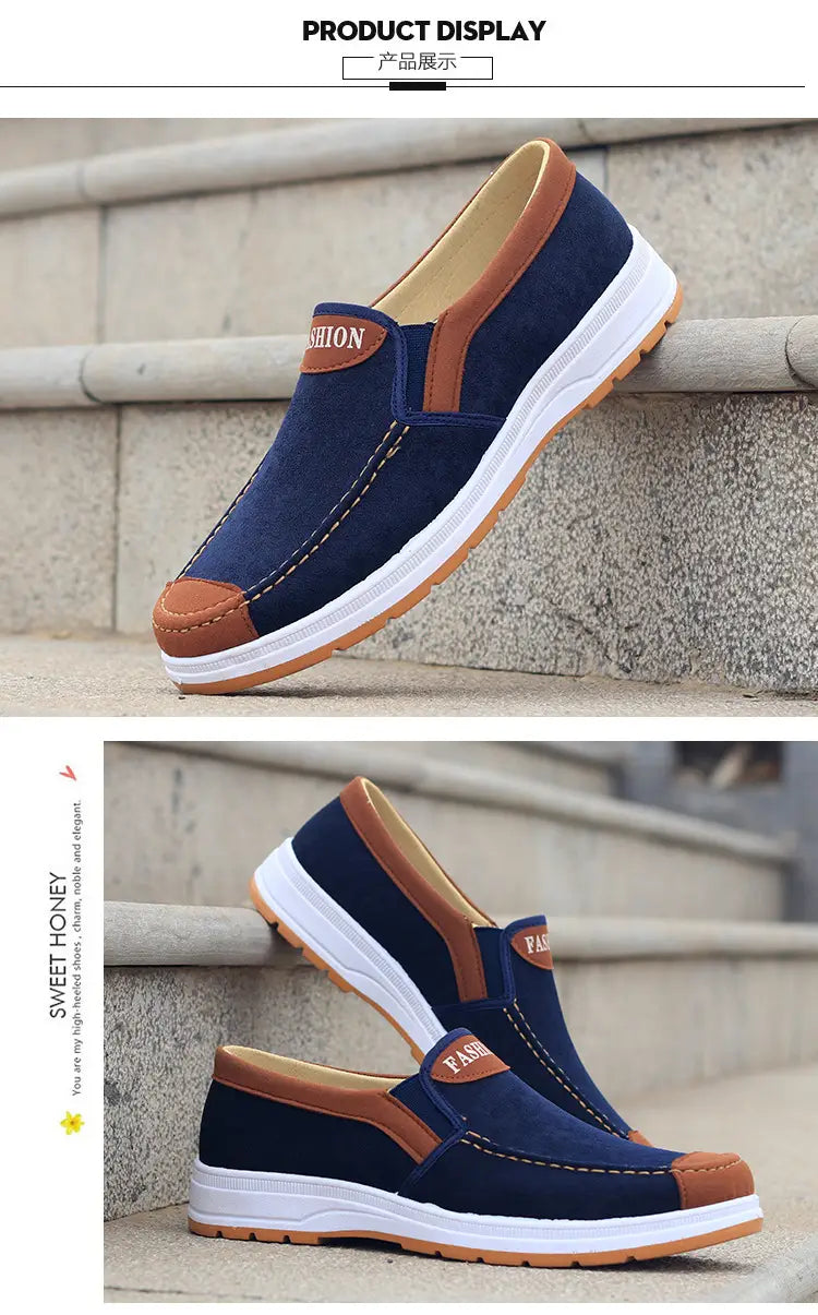 Zapatillas casuales de lona tipo botín elástico para hombres en azul marino y color tan, con suelas de goma blancas, calzado ligero.