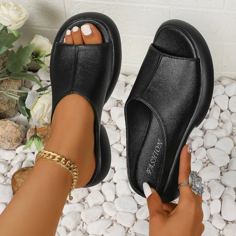 2025  Women's Sandals High Quality Leather Slides High Heels Sandals Sheepskin Platform Slippers Lady Fashion Shoes Summer