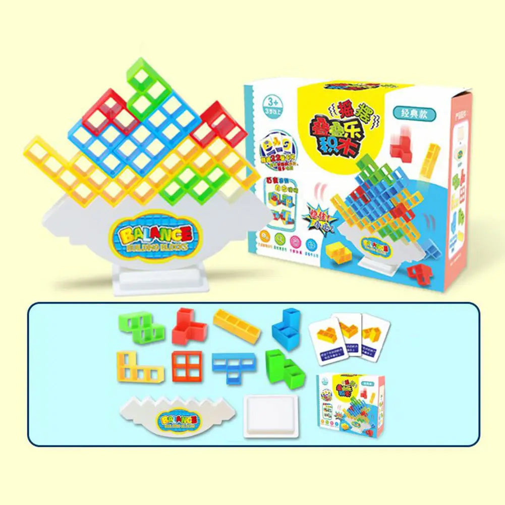Colorful plastic building block balance tetra tower game set with interlocking geometric pieces arranged in a pyramid on a white base.