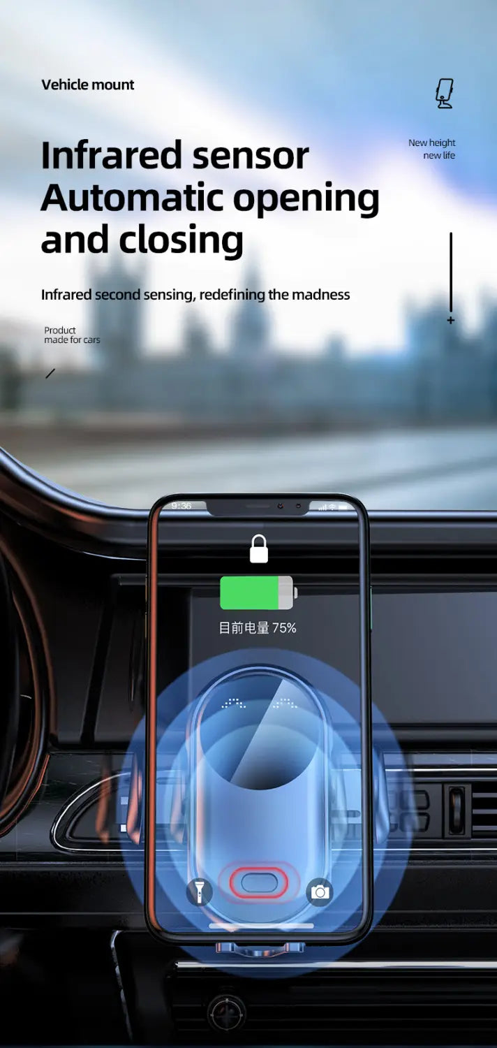 Infrared sensor car wireless charger with automatic opening and closing mechanism designed for secure fast charging vehicle installation.