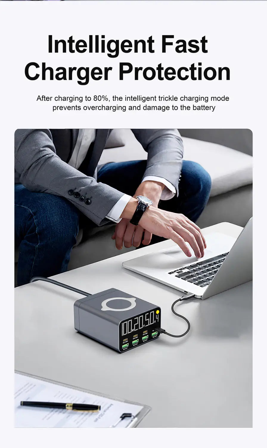 Gray rectangular usb type c multiport charging station 120w with digital display and multiple ports for simultaneous device charging.
