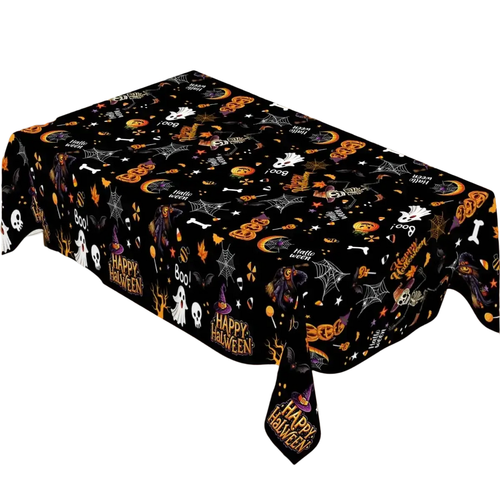 Black disposable plastic tablecloth with halloween design featuring orange pumpkins white ghosts and purple witches