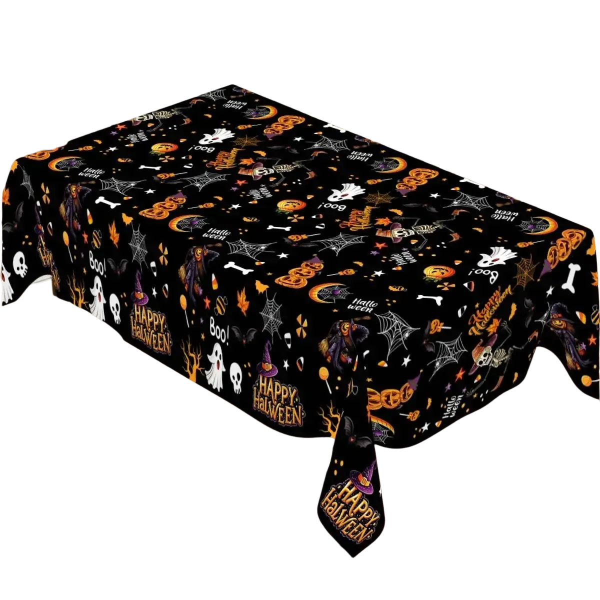 Black disposable plastic tablecloth with halloween design featuring orange pumpkins white ghosts and purple witches