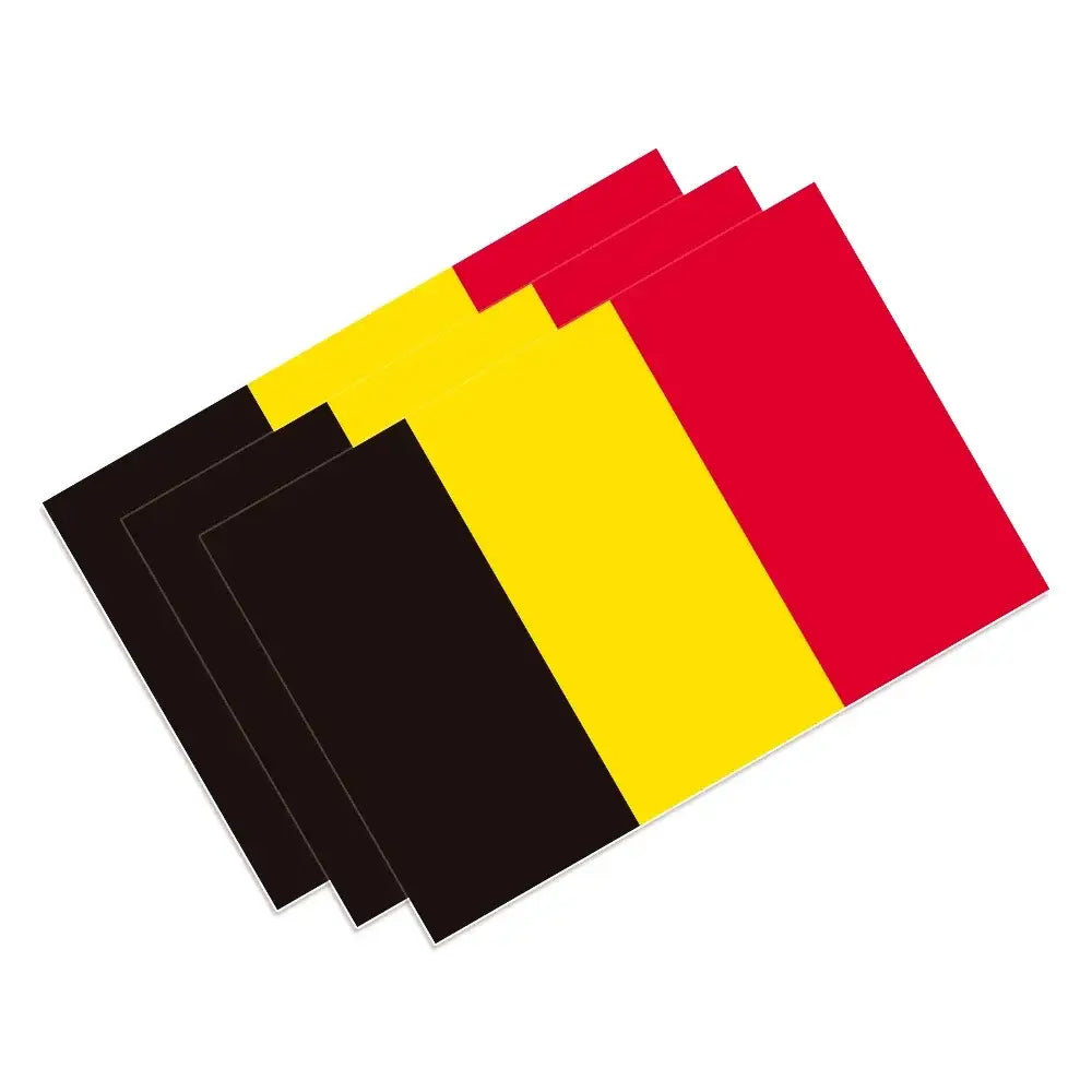 Set of three rectangular Belgian flag car stickers with bold black yellow and red vertical stripes on glossy waterproof PVC decals.