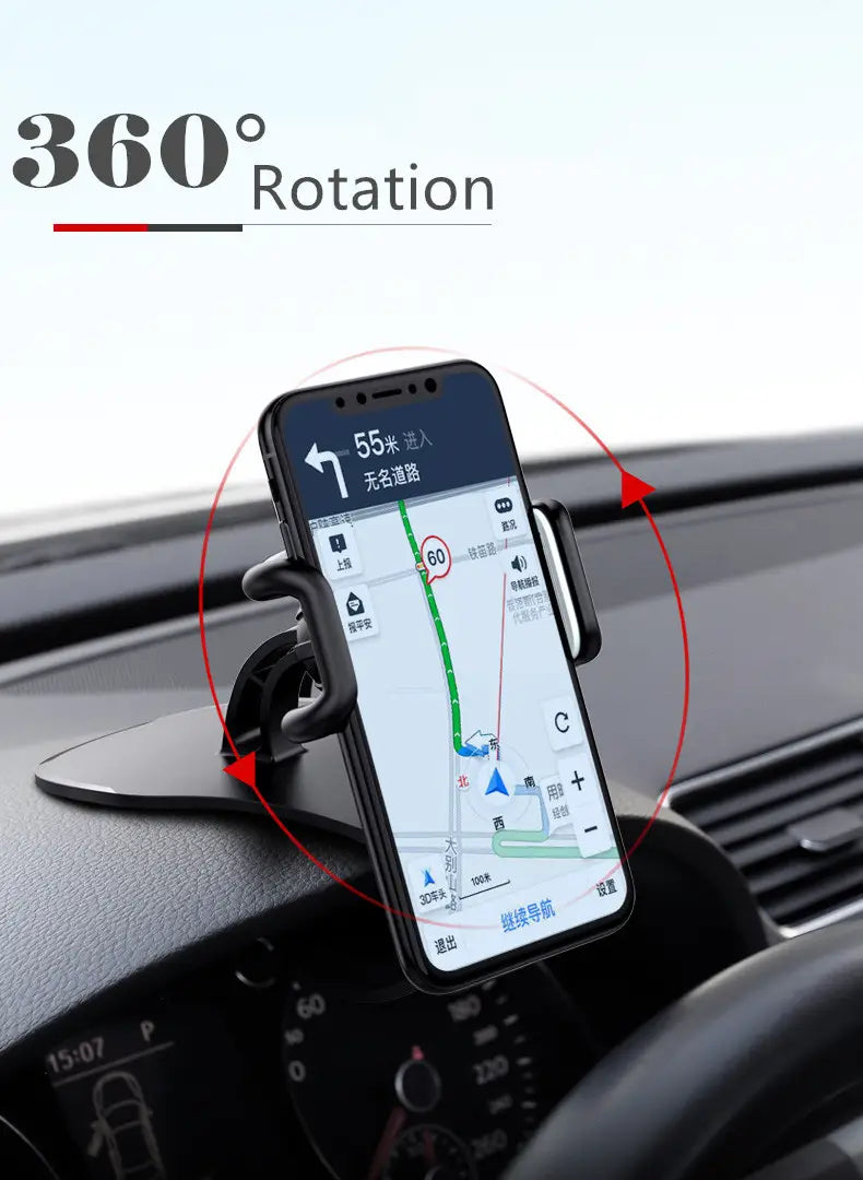 Black 360-degree rotating car phone holder dashboard mount showing back side for universal use