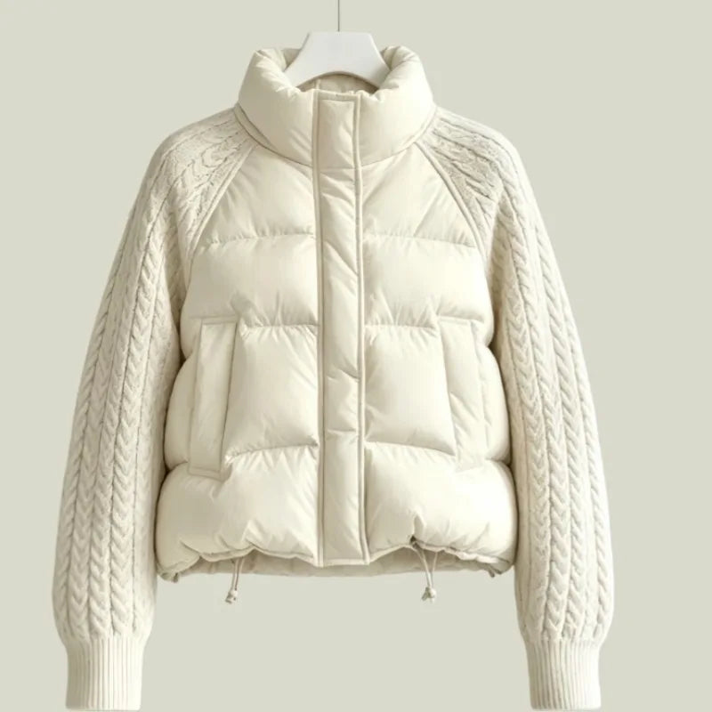 Winter New Women Down Cotton Parkas Jacket Cable Knit Sleeve Spliced Stand Collar Thick Warm Short Coat Petite Ladies Outerwear