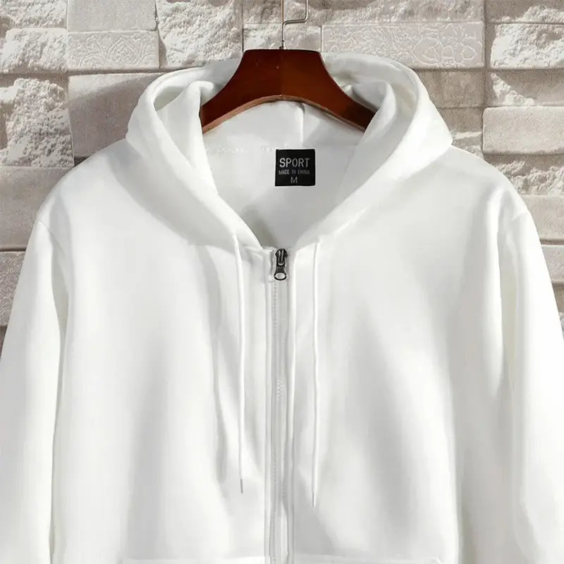 men zip up hooded sweatshirt in white cotton blend with a soft smooth fabric and simple design for casual wear