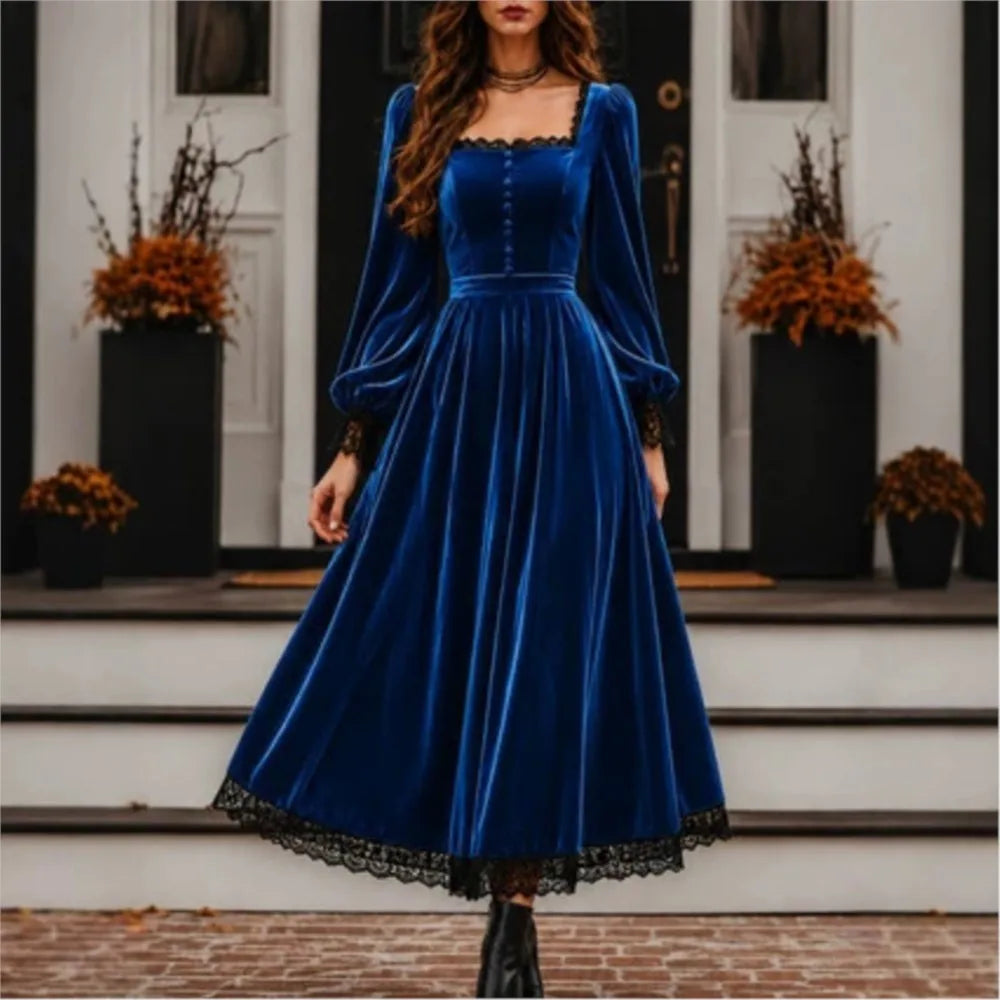 New Autumn Winter Women Velvet Party  Midi Dress Square Neck Puff Long Sleeve Black Lace Hem Button Front Vintage A Line Dresses