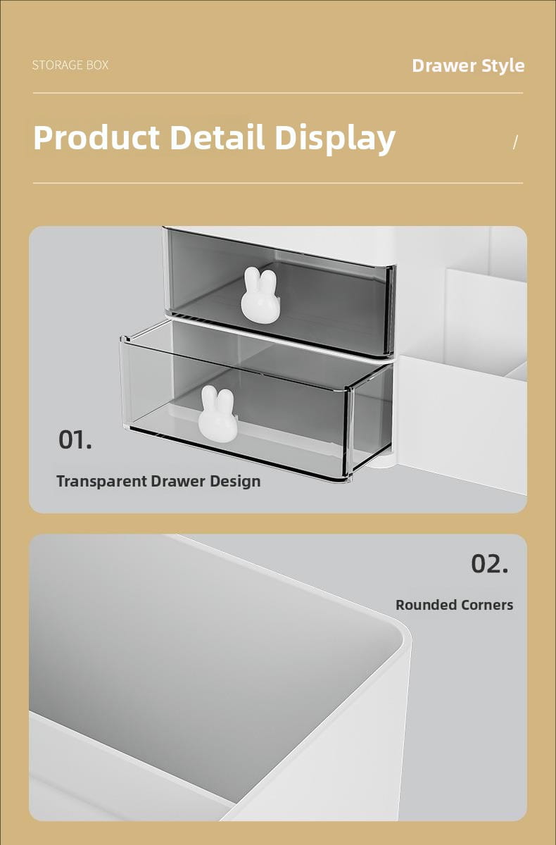 Transparent acrylic storage box with large capacity clear drawers featuring white bunny-shaped handles in a modern minimalist style cream organizer.