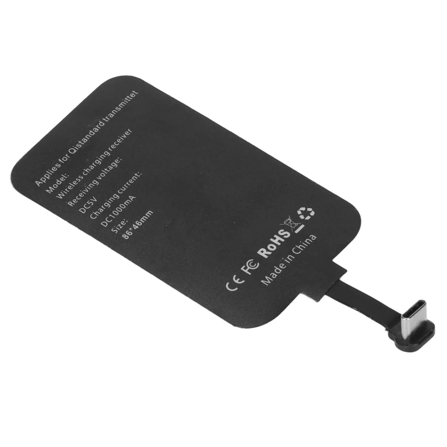 receptor de carga inalámbrica negro con interfaz tipo c para teléfonos móviles con especificaciones impresas en la parte posterior