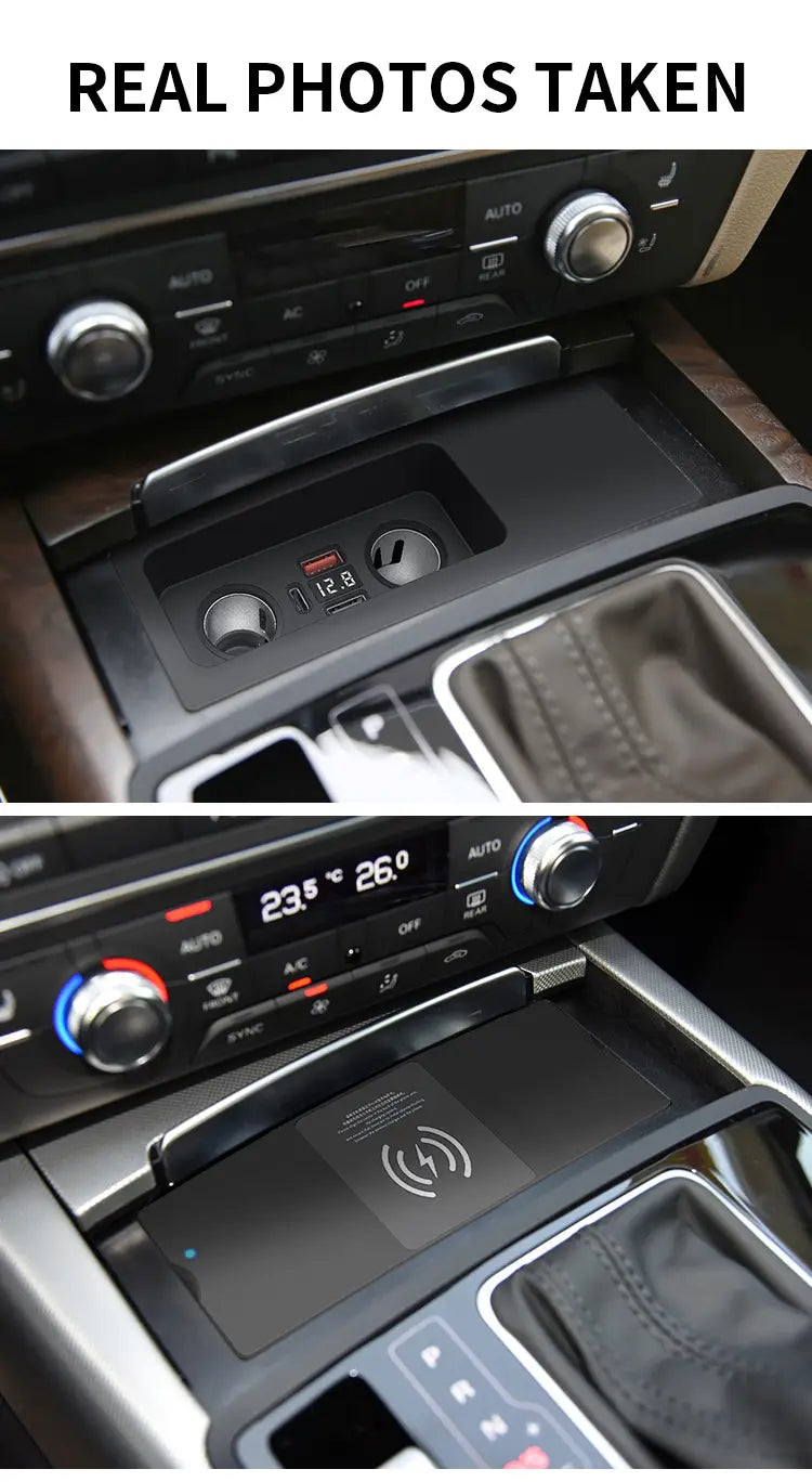 Tapis de charge sans fil noir pour Audi A6 C7 RS6 S7 RS7, avec un discret symbole d’éclair blanc et un texte mettant en valeur ses capacités de charge sans fil.