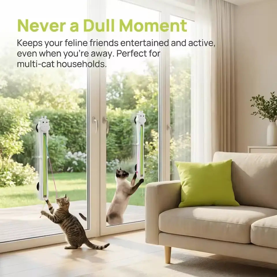 white wall-mounted giraffe-shaped automatic interactive cat toy with green and pink dangling strings for stimulating playful cats