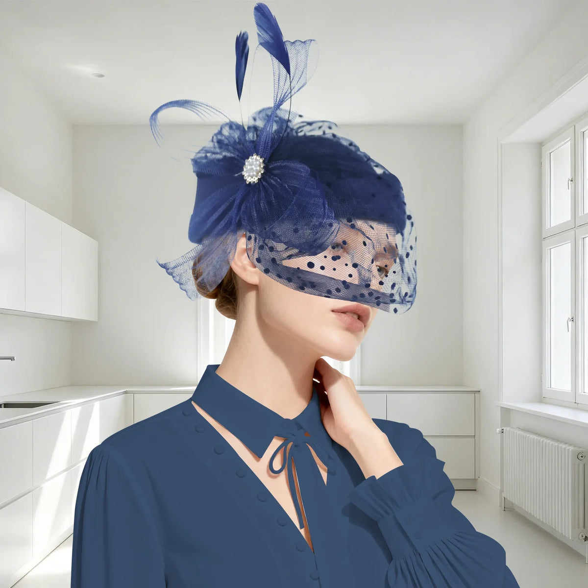 Women Bridal Fascinator with Feathers Dot Print Veil Elegant Pillbox Hats for Tea Party Wedding Church Fedoras Headscarf Bonnet