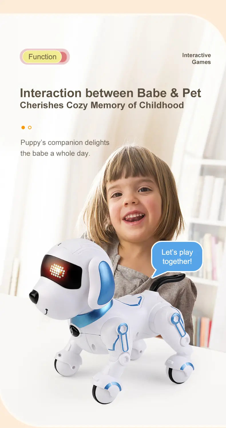 Rc robot dog interactive smart electronic stunt pet in white and blue with glowing red eyes and articulated limbs.