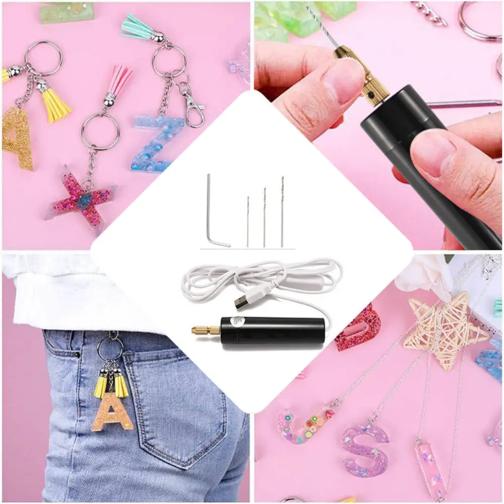 Black handheld electric resin tool with gold-colored tip and attached USB cable for mini electric drilling in resin and wood crafts.