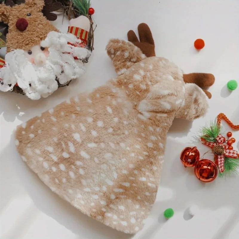A plush tan and white spotted reindeer-shaped pet dog coat with brown antlers designed as winter pet dog clothes.