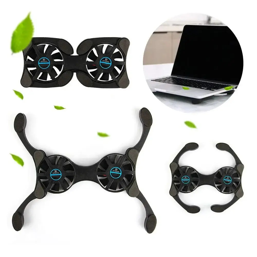 Black dual-fan laptop cooling pad with adjustable arms and blue-accented fan hubs designed for efficient laptop cooling and powered by USB.