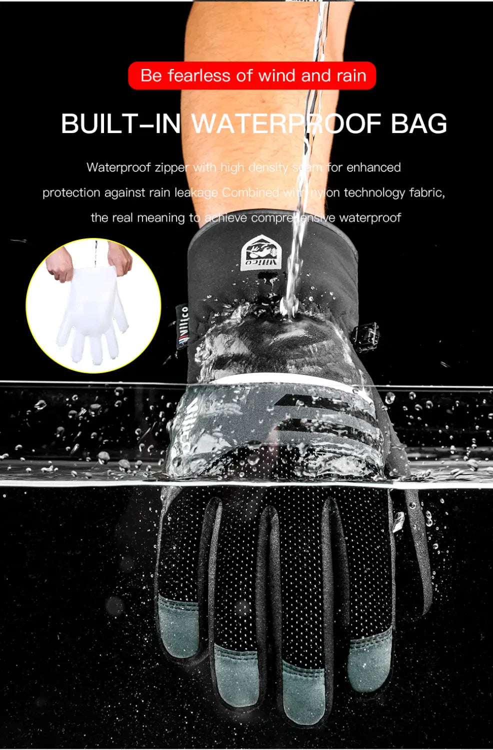 Guantes de ciclismo de invierno impermeables para hombre en negro y color teca, con bolsa con cierre integrado para uso en exteriores, mostrados desde el reverso.