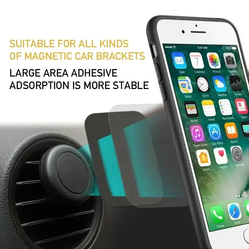 support de téléphone magnétique noir avec grand disque de plaque métallique adhésif pour une fixation sûre aux grilles d’aération de la voiture