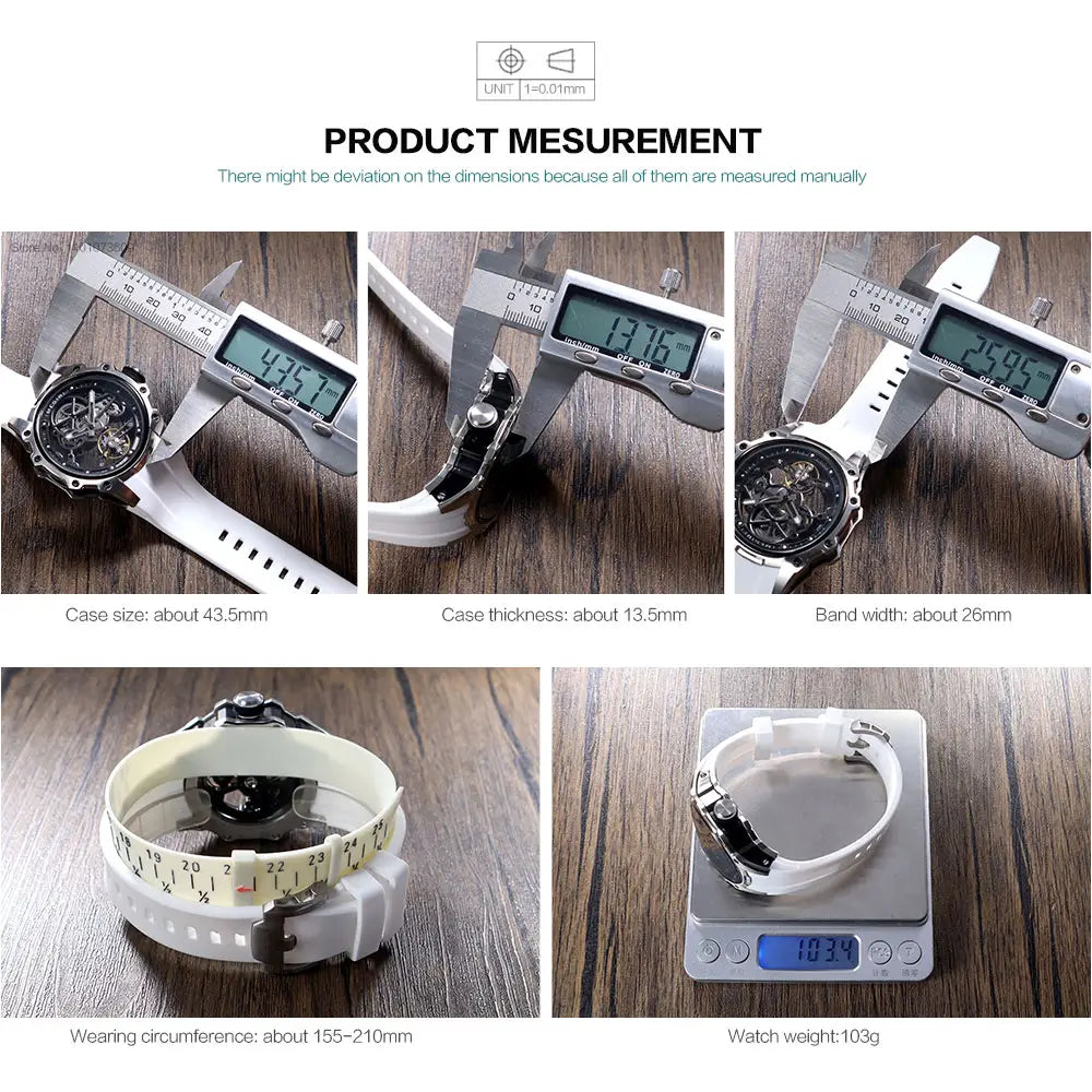 White plastic Megir automatic skeleton watch with black skeleton face, silver-toned metal case, and white silicone strap.