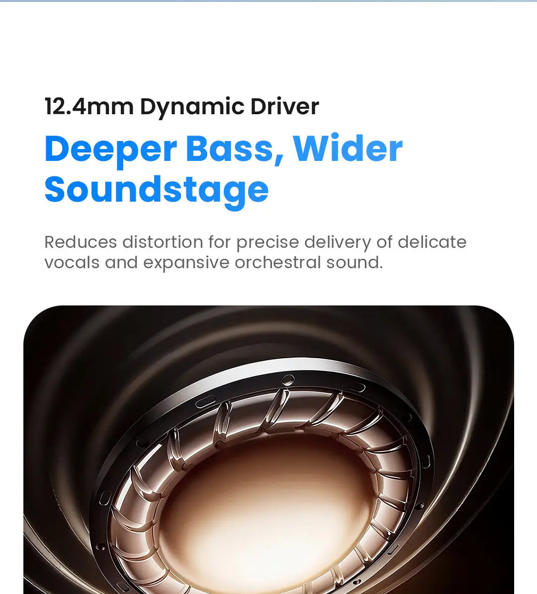 Un haut-parleur dynamique de 12,4 mm avec une bague métallique et un cône noir, conçu pour des basses plus profondes et une scène sonore plus large dans les écouteurs sans fil Haylou FlowBuds N55, avec une autonomie améliorée et un étui de charge.