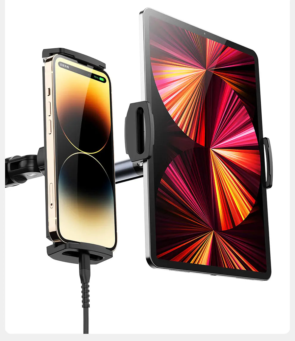 black aluminum alloy dual-device car mount holding a gold iphone and a black ipad with vibrant red-orange screens for tablet and phone floor stand use