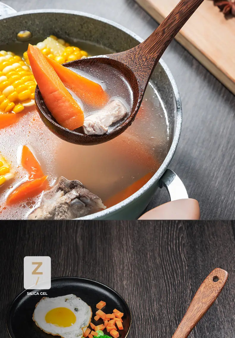 A dark brown wooden ladle with a smooth polished finish holds slices of orange carrot and pieces of meat in a clear broth as part of a wooden kitchen utensil set for non-stick cookware.