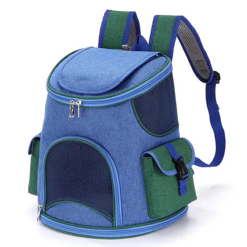 Mochila de viaje para mascotas de tela Oxford color azul y verde, con paneles de malla para ventilación, diseñada para caminatas y para su uso como suministros para mascotas.