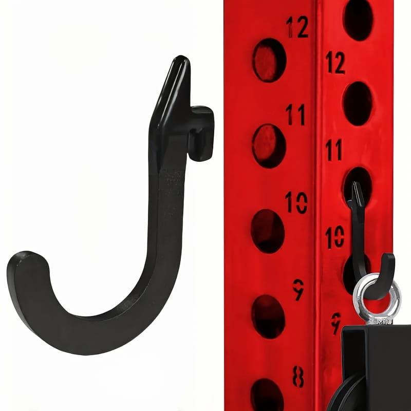 Black metal squat rack barbell storage holder j-hook with a sturdy curved design for secure hanging