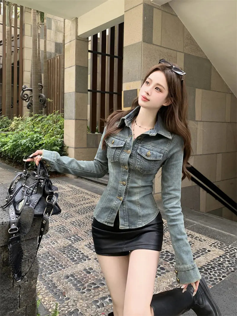 Women Denim Blouse Vintage New Spring Full Cotton Lace Up Solid Casual Jacket Jeans Women Street Style Euro-America Style