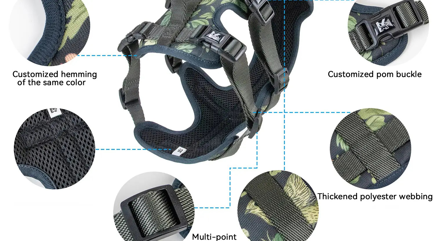 Ensemble de harnais pour animal de compagnie à motif camouflage avec circonférence du cou réglable, doublure en maille noire, sangle en polyester renforcée, collier pour animal de compagnie et laisse pour animal de compagnie.