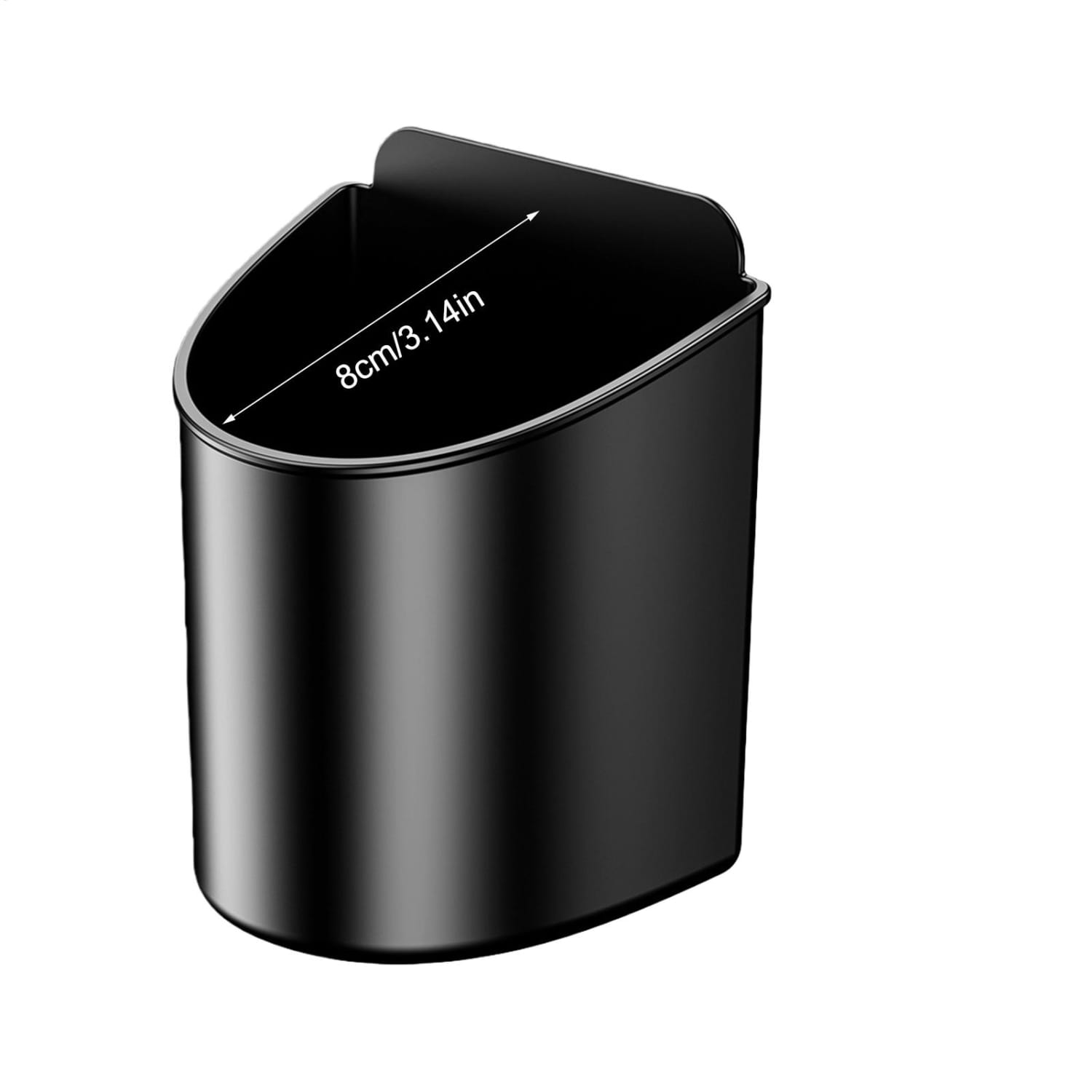 Black sleek cylindrical car trash bin with curved top and smooth metallic finish designed for use as a car door cup holder for vehicles.