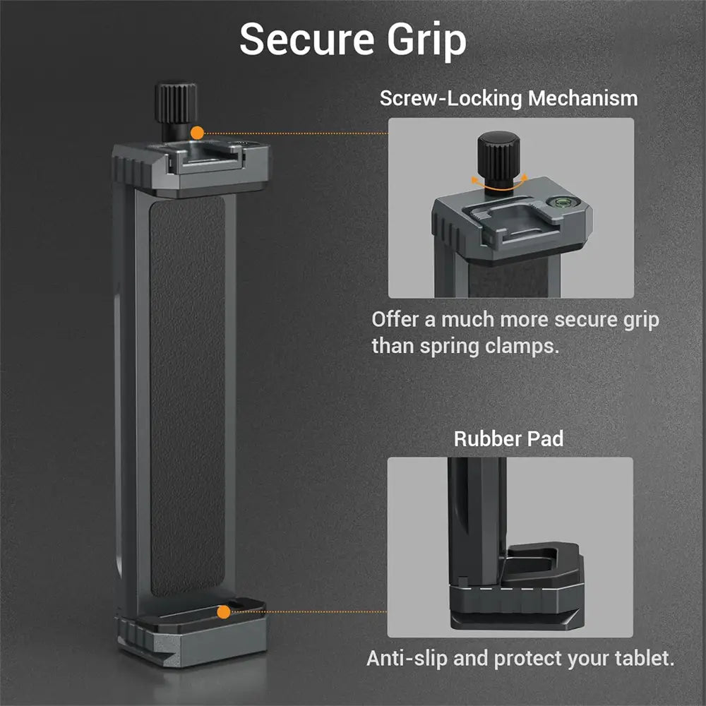 black metal aluminum tablet clamp with screw-locking mechanism and rubber pad for secure grip compatible with universal tripod mount adapter
