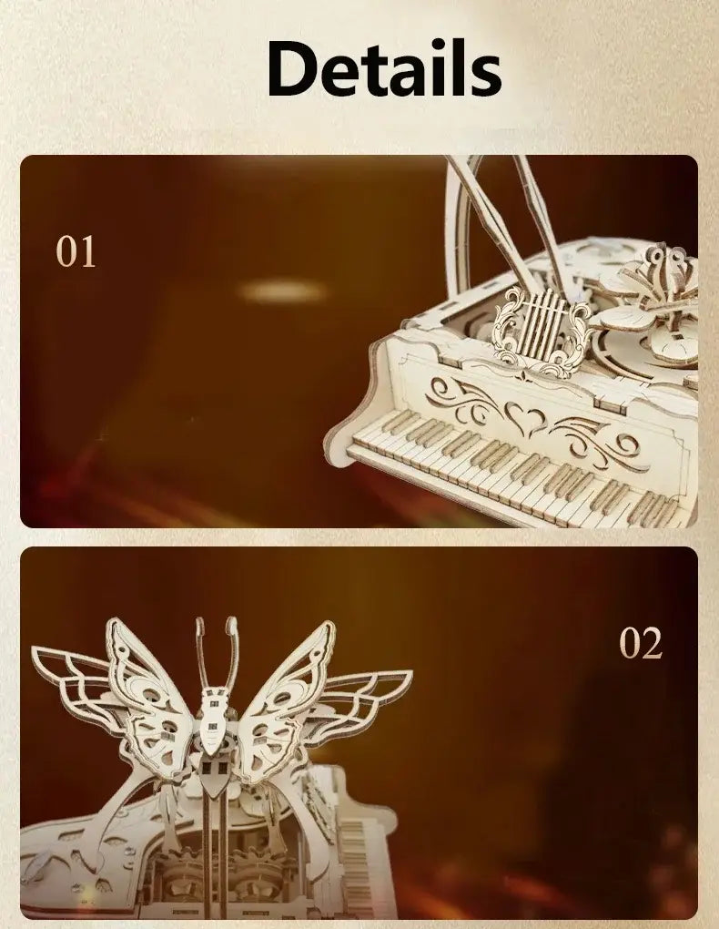 ein zartes, kunstvoll ausgeschnittenes hölzernes Schmetterlingsmotiv, das auf einer Miniatur-Klavier-Musikbox thront, mit verziertem Schnörkelwerk und schwarzen sowie weißen Tasten in einem 3D-Holz-Puzzle-Bastelset
