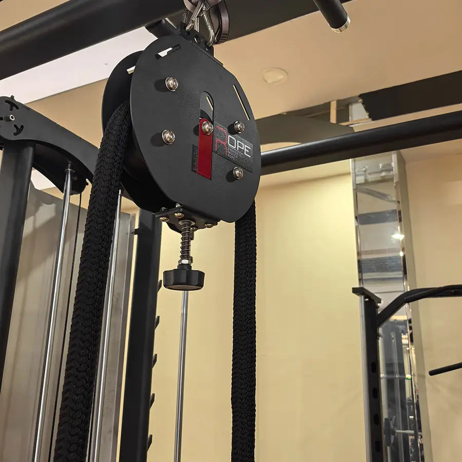 Black ope brand commercial rope climbing machine cable pulley system with adjustable resistance featuring a red accent and textured black rope.