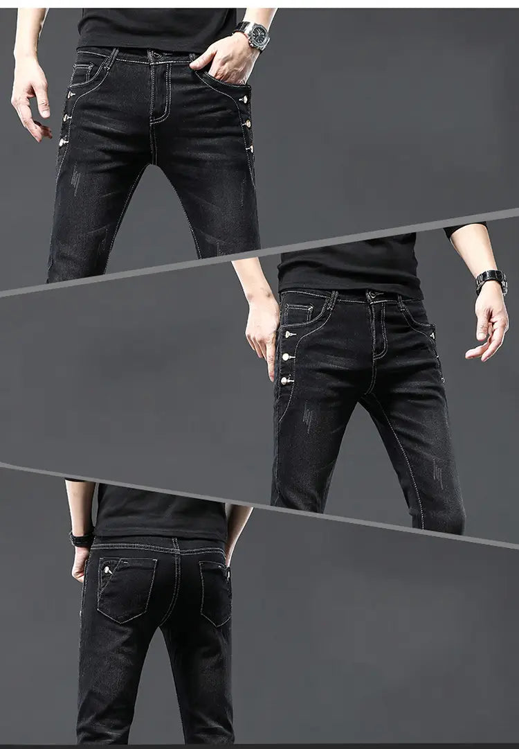 Jeans en denim extensible vintage slim pour hommes, lavage gris, avec tissu en denim noir et surpiqûres blanches, ainsi que des accents de boutons décoratifs sur les côtés.