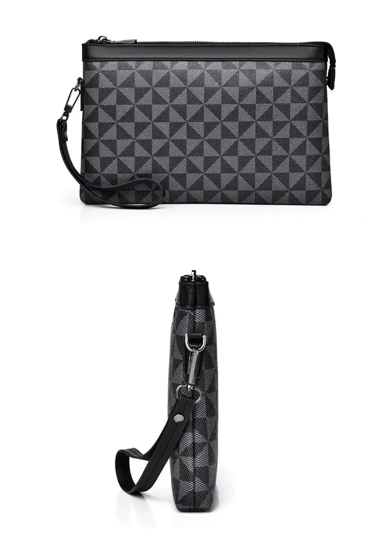 black and gray pu leather men clutch bag with geometric pattern showcasing sleek pocket interior design