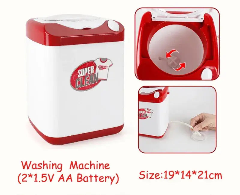 Rote und weiße Spiel-Waschmaschine mit dem Super-Clean-Logo aus dem Kinder-Spielküchen-Kleingeräte-Set für Rollenspiel-Lebensmittel.