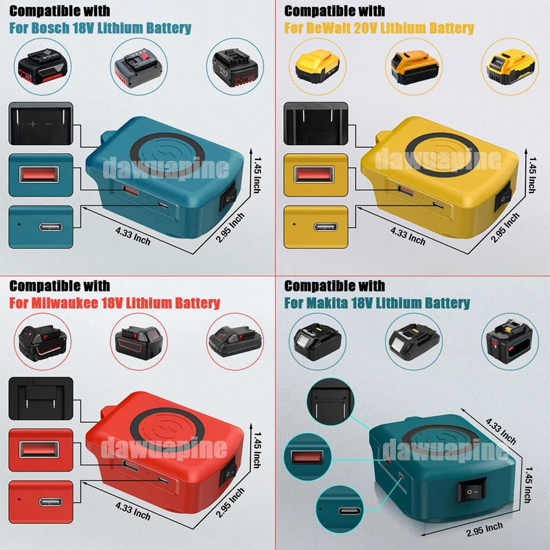 Wireless Charger Adapter 18V Lithium Battery Charging Station with Type-C&USB Port for Makita for Dewalt for Milwaukee for Bosch