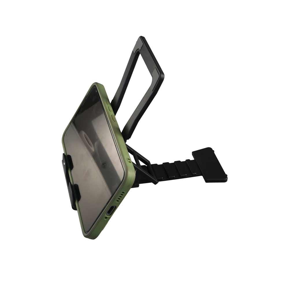 support de téléphone et tablette de bureau réglable en plastique noir avec bras réglables tenant un smartphone dans une coque verte.