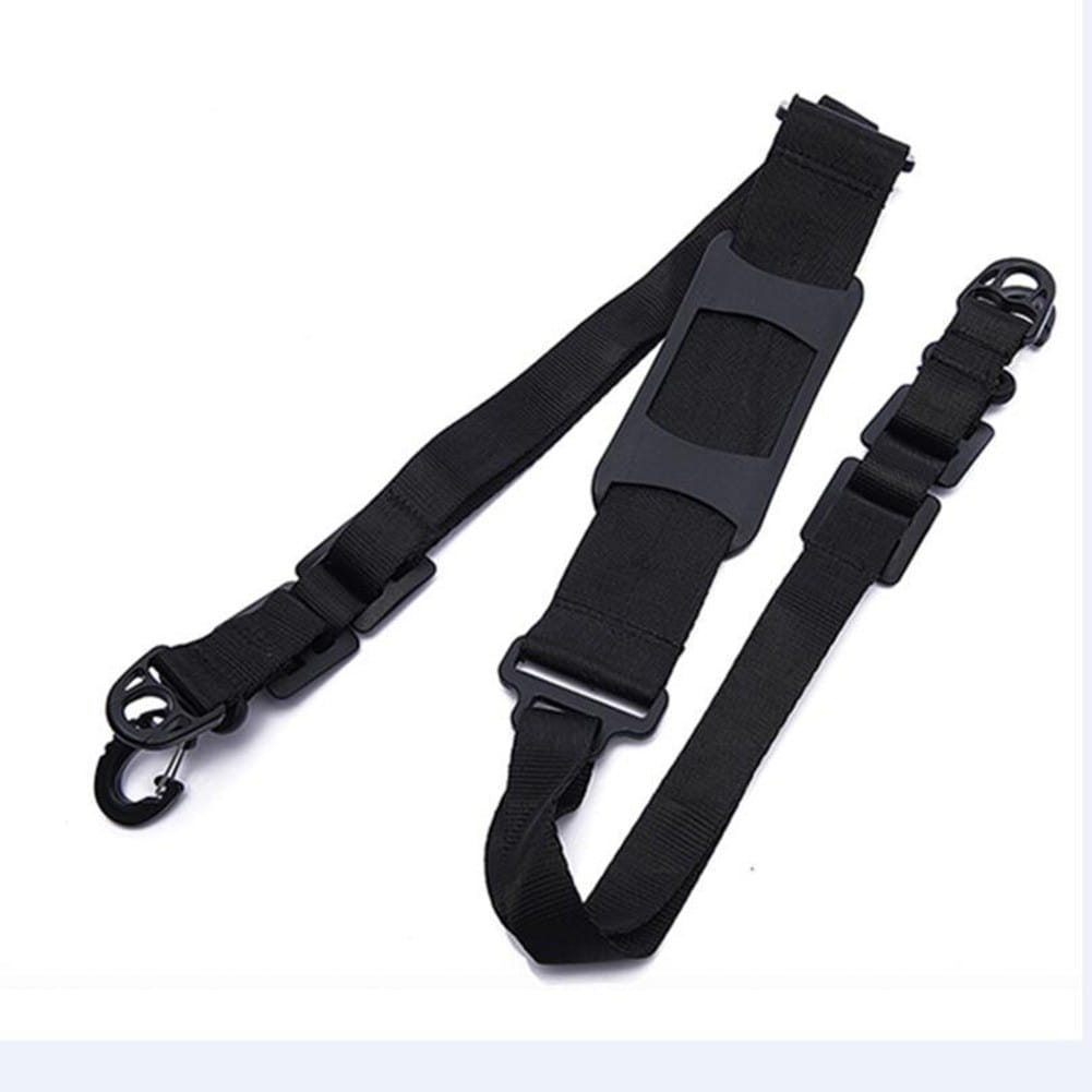 Black nylon electric scooter carrying strap with adjustable buckles, a central padded section, and metal carabiner hooks at each end.