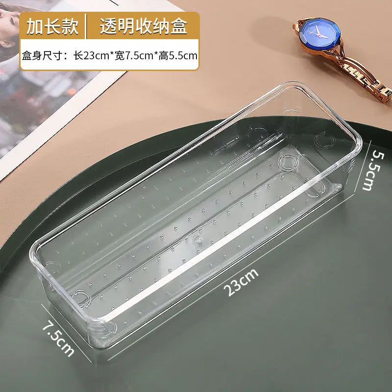 Recipiente de almacenamiento organizador de maquillaje de plástico transparente con tapa transparente y esquinas redondeadas, para uso en el cajón.