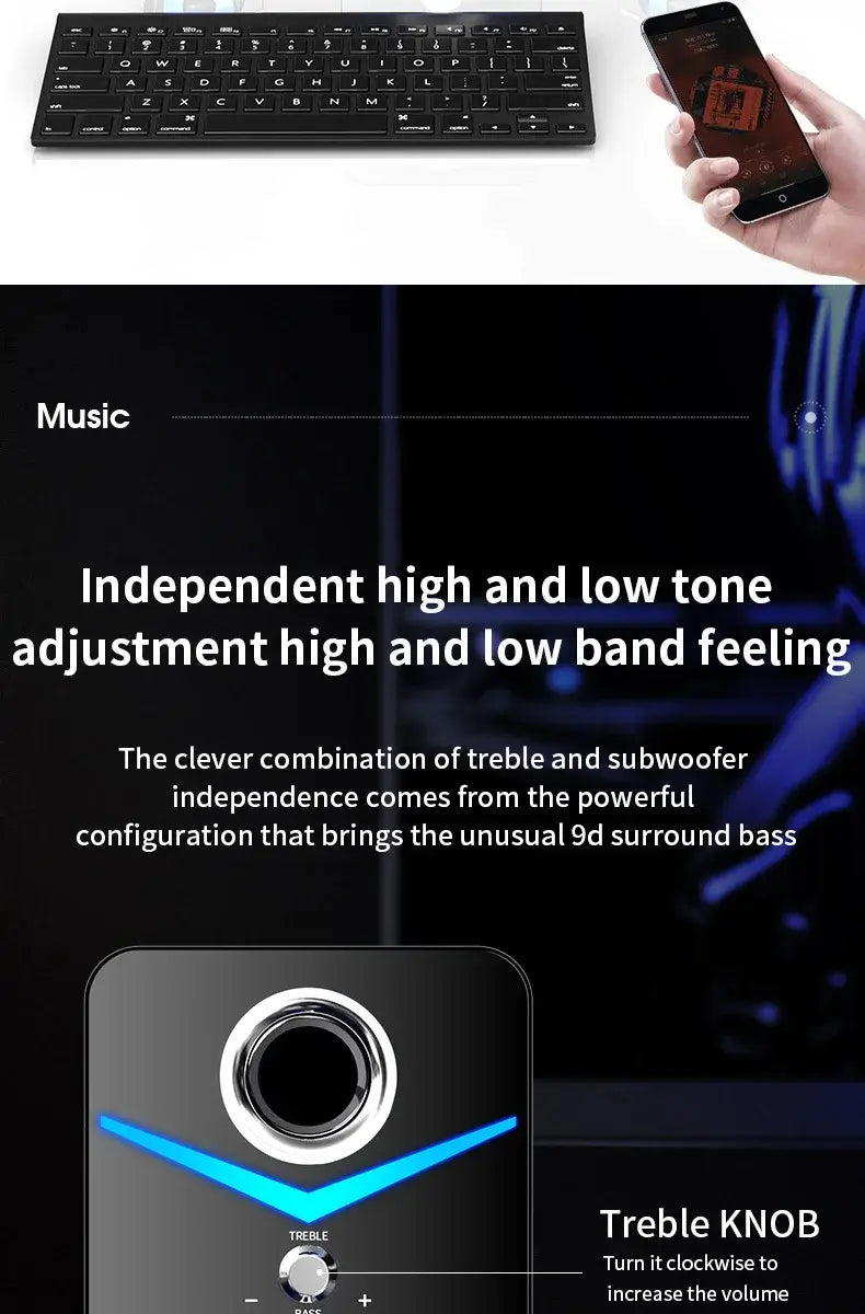 Clavier sans fil noir avec profil fin et design minimaliste pour une utilisation avec un système d’enceinte de jeu Bluetooth avec caisson de basses à DEL