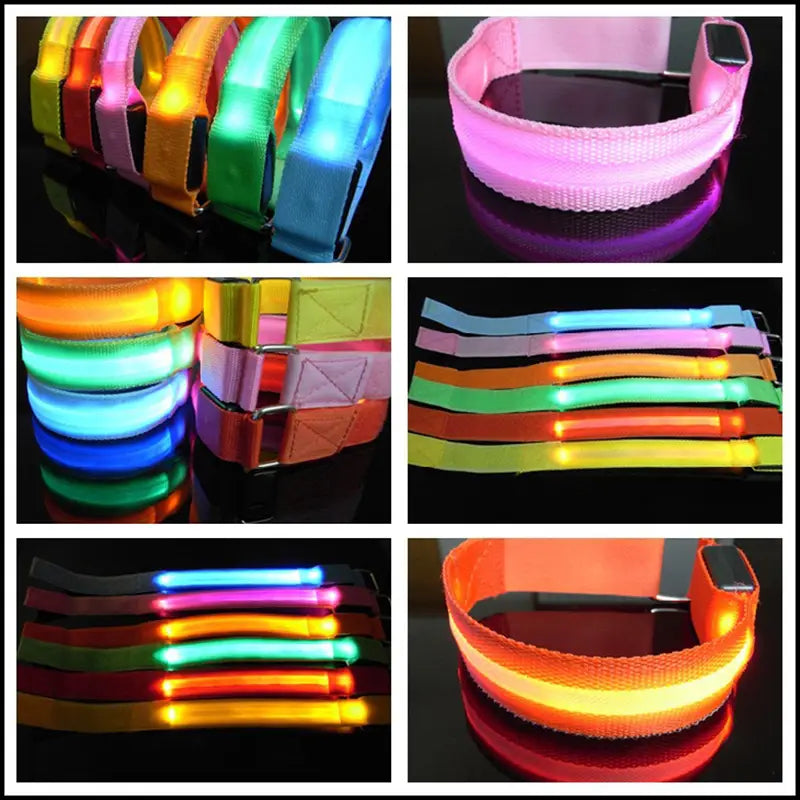 Colección de brazaletes LED para correr de colores brillantes en rosa, naranja, verde y azul, con luces de seguridad recargables por USB para mejorar la visibilidad.