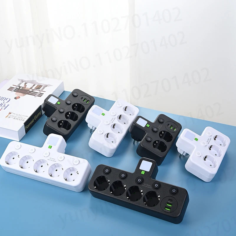 Wireless Wall Charger Socket with 3 AC Outlets +2 USB Ports+ 1 Type C 6-in-1 Plug Socket EU Plug Fast Charging power board